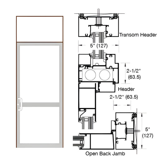 SKU 0P91422: black bronze single transom door frame for 1-5/16" impact glazing, 2-1/2" x 5" jamb/header, hinge prep.