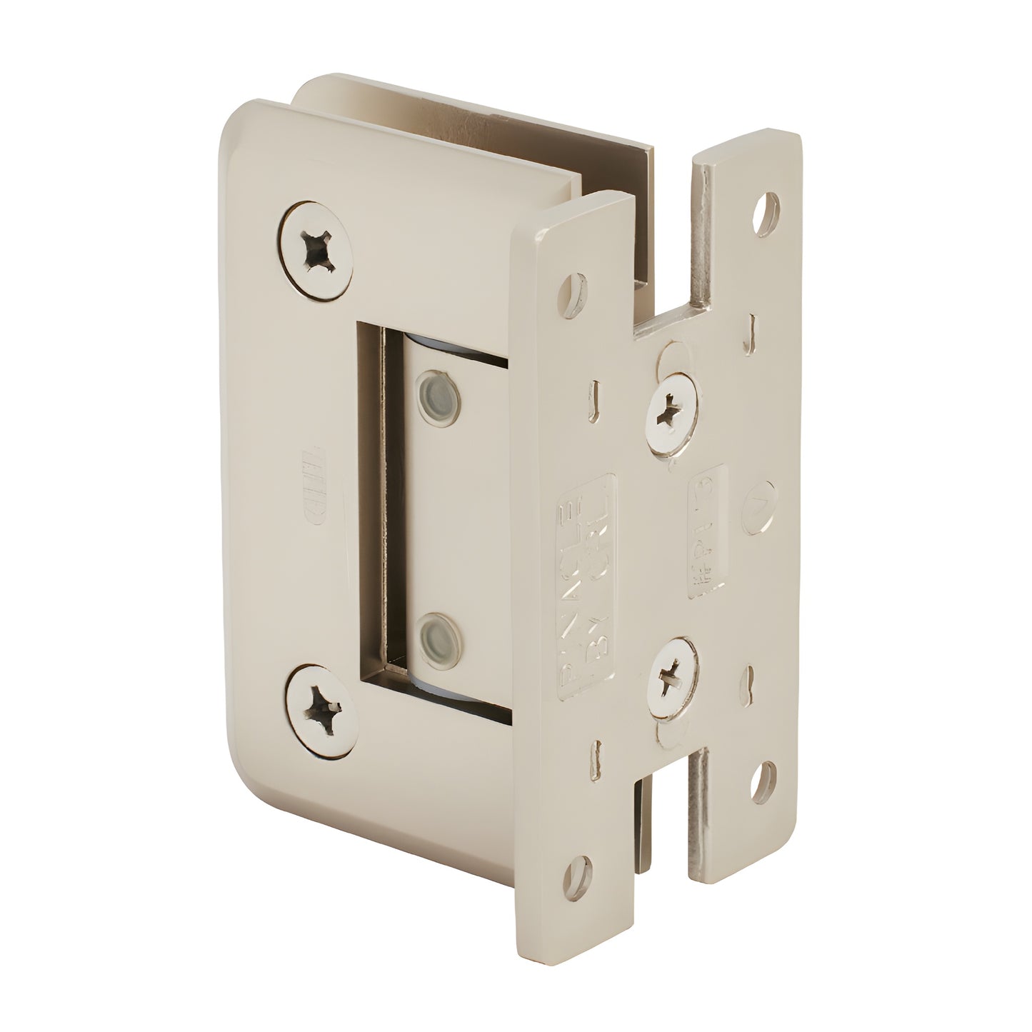 Satin nickel Pinnacle adjustable glass hinge (wall-mount H back plate), brass, for 8-12mm tempered glass - SKU P1N337SN