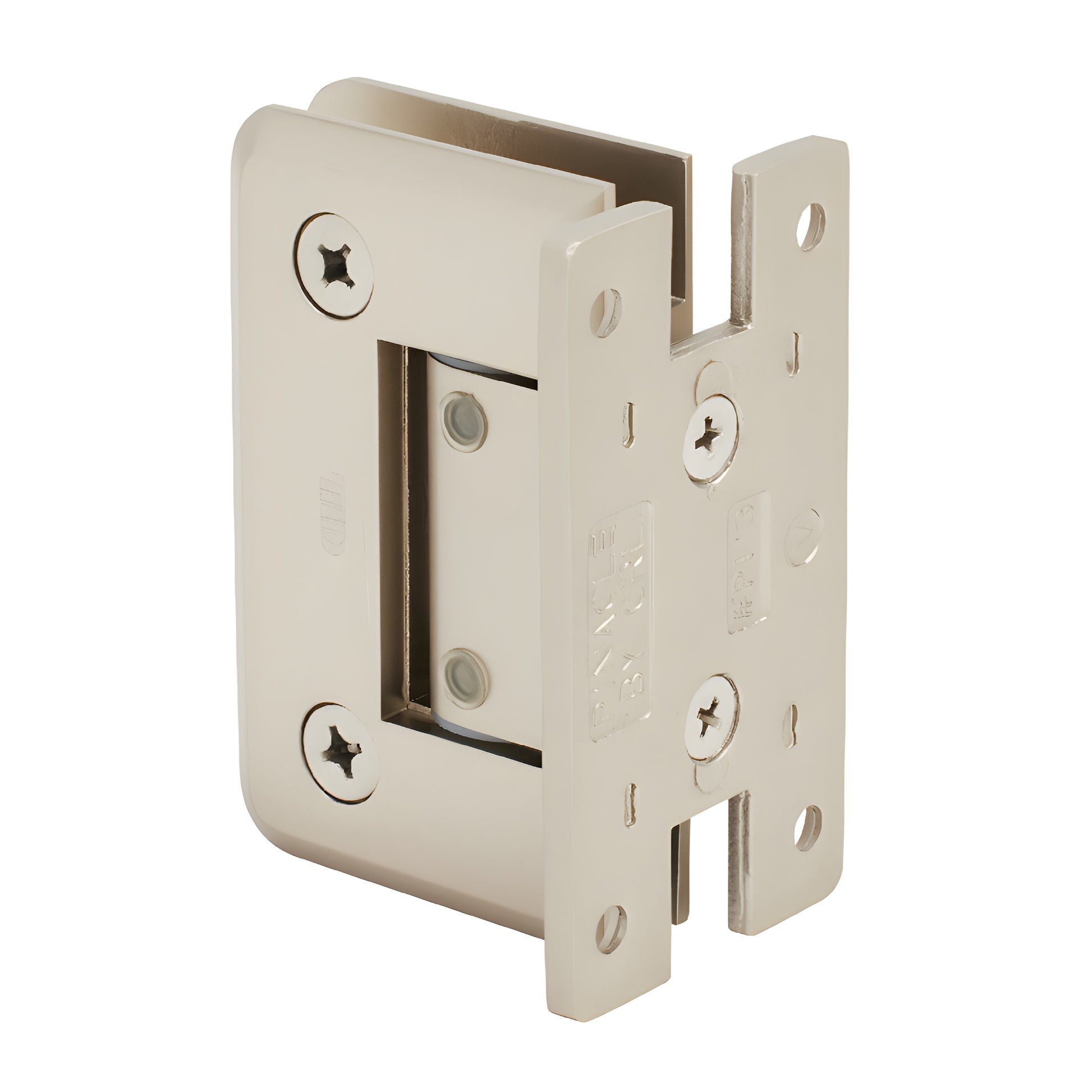 Satin nickel Pinnacle adjustable glass hinge (wall-mount H back plate), brass, for 8-12mm tempered glass - SKU P1N337SN