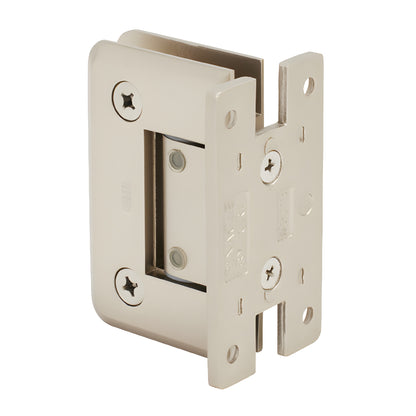 Satin nickel Pinnacle adjustable glass hinge (wall-mount H back plate), brass, for 8-12mm tempered glass - SKU P1N337SN