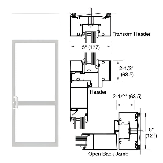 White Kynar transom door frame drawing, 2-1/2" x 5" impact single transom frame with air threshold. SKU 0P91552