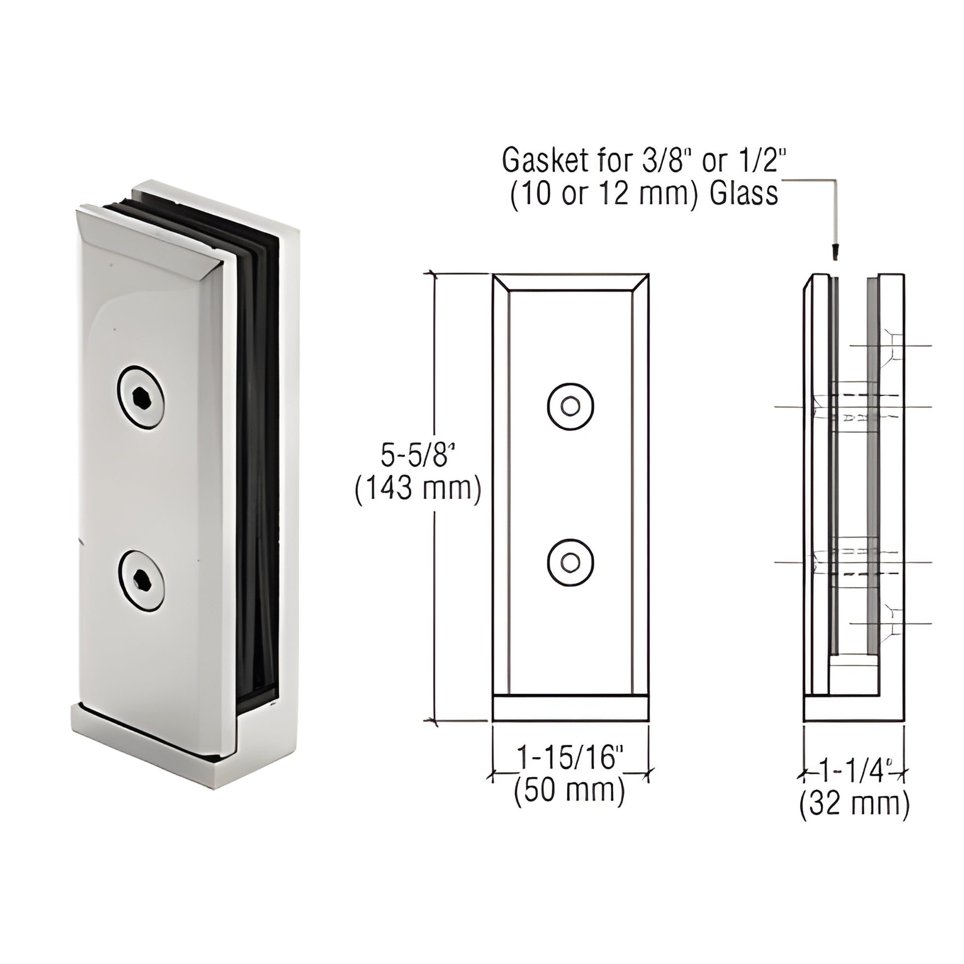 AFWC7 polished stainless steel two-piece surface-mount glass clamp for 3/8-1/2" (10-12mm) glass, 5-5/8" tall