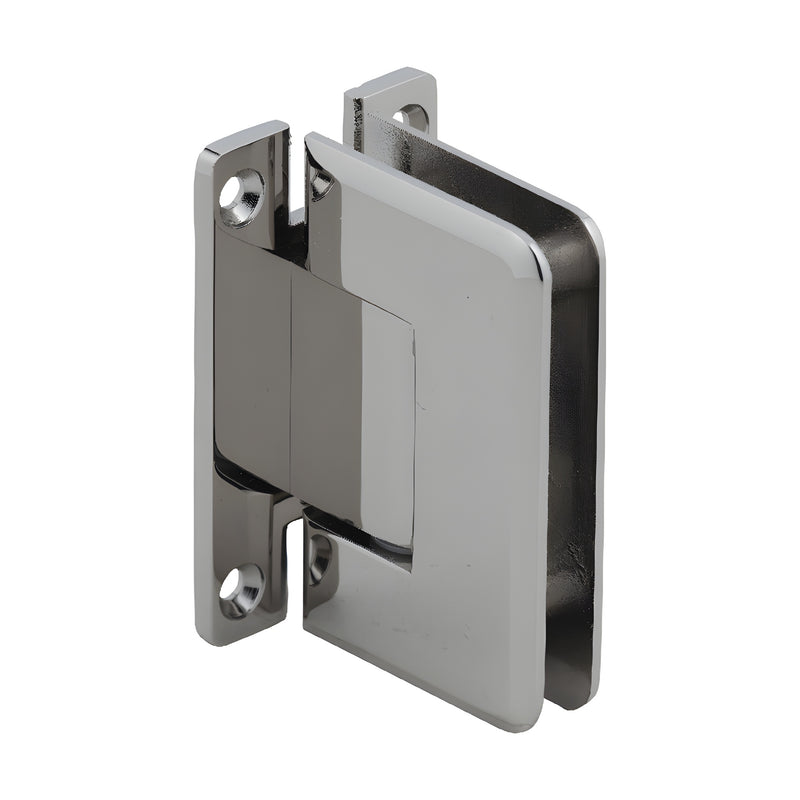 Polished nickel Pinnacle glass shower door hinge (SKU P1N037PN), brass wall mount for 8-12mm tempered glass, self centering.