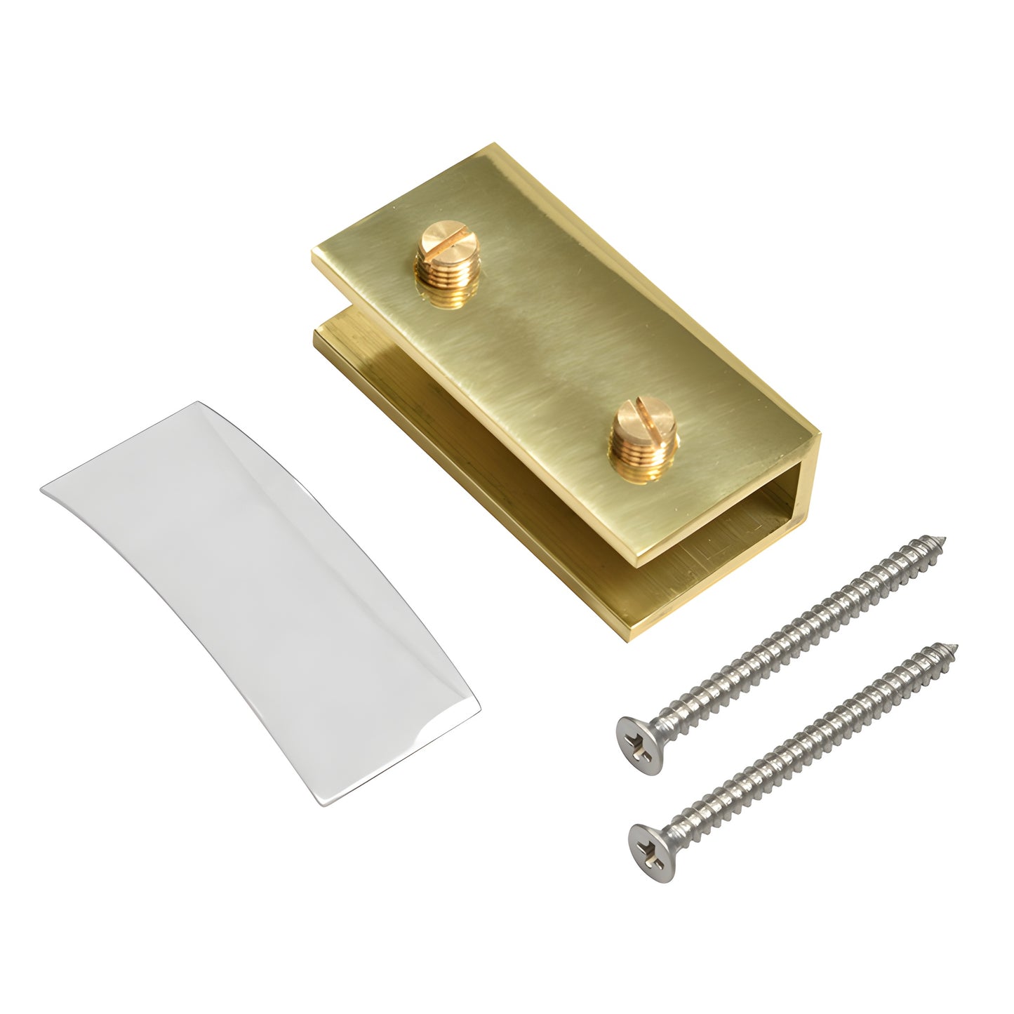 Polished brass no-drill fixed panel clamp (SKU NDC4BR) with clear gasket and two mounting screws.