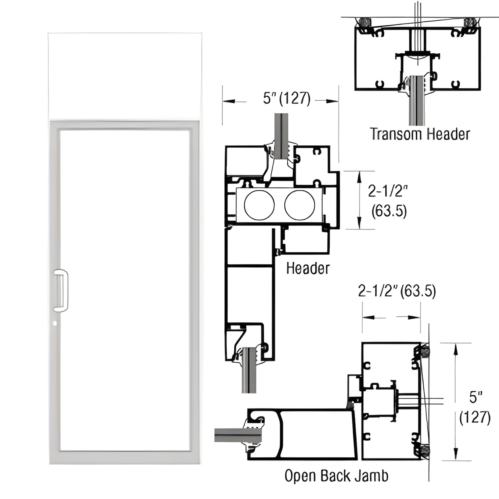 White Kynar transom door frame with transom and technical cross-section drawings, TH811 threshold. SKU 0F61952