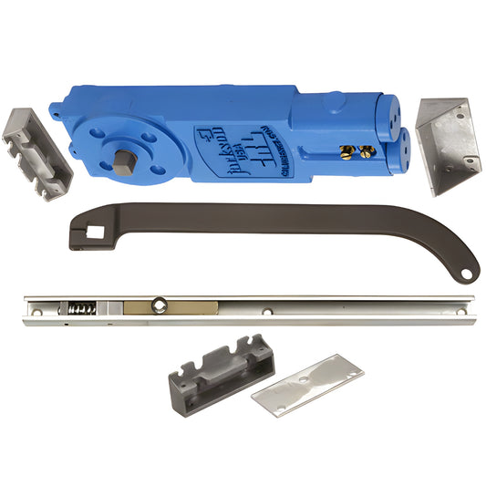 CRL Jackson 21201U31320 overhead concealed door closer kit - dark bronze 'U' offset arm, blue closer body, aluminum slide cha