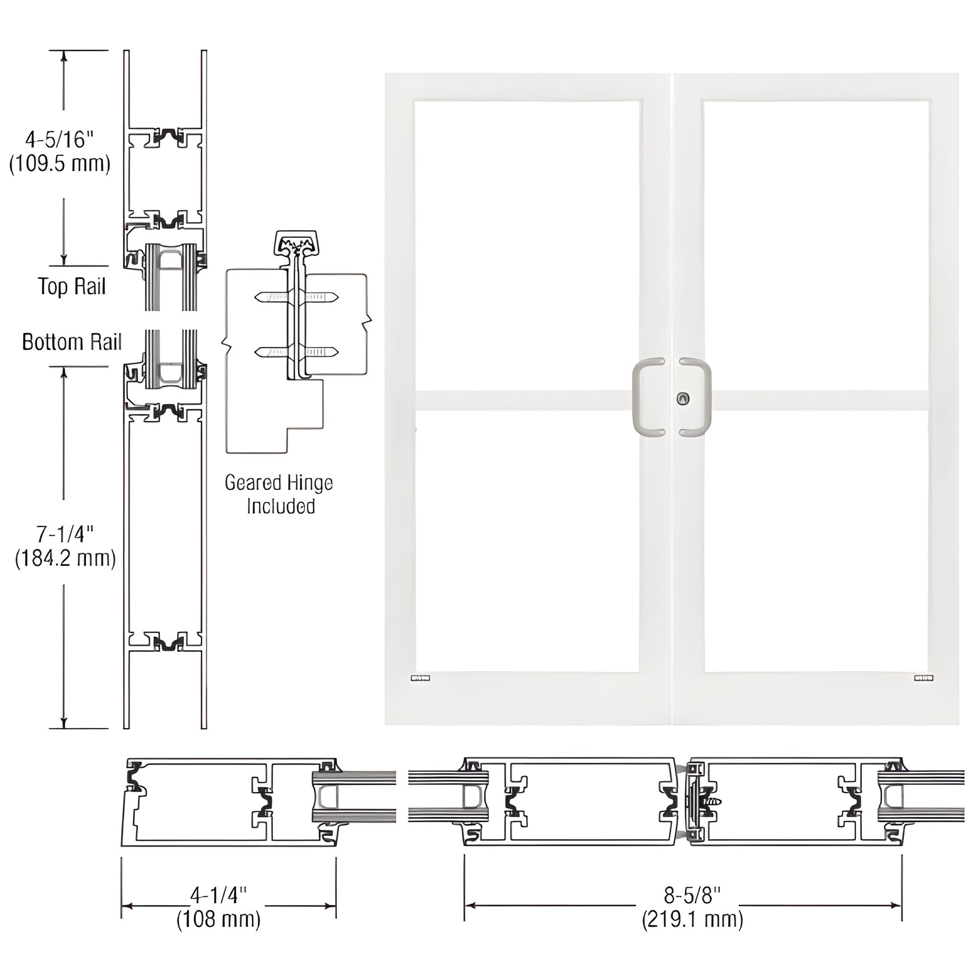 CRL medium stile double entrance door in white Kynar with 4-1/4" stiles and concealed panic hardware. SKU 1Z42852