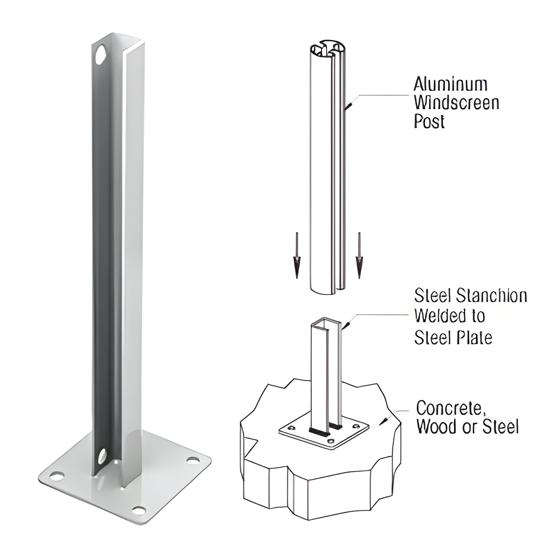 PSB3BS silver welded steel surface-mount stanchion, 30in tall, 5x5in base plate, 90-degree mount