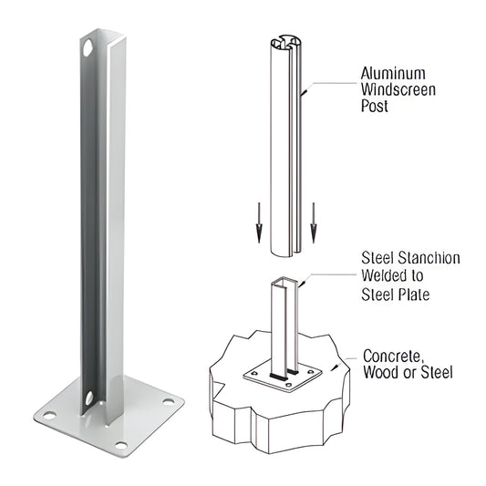 Silver welded steel stanchion with 5 in base plate, 1/2 in mounting holes, for aluminum posts (SKU PSB5BS)