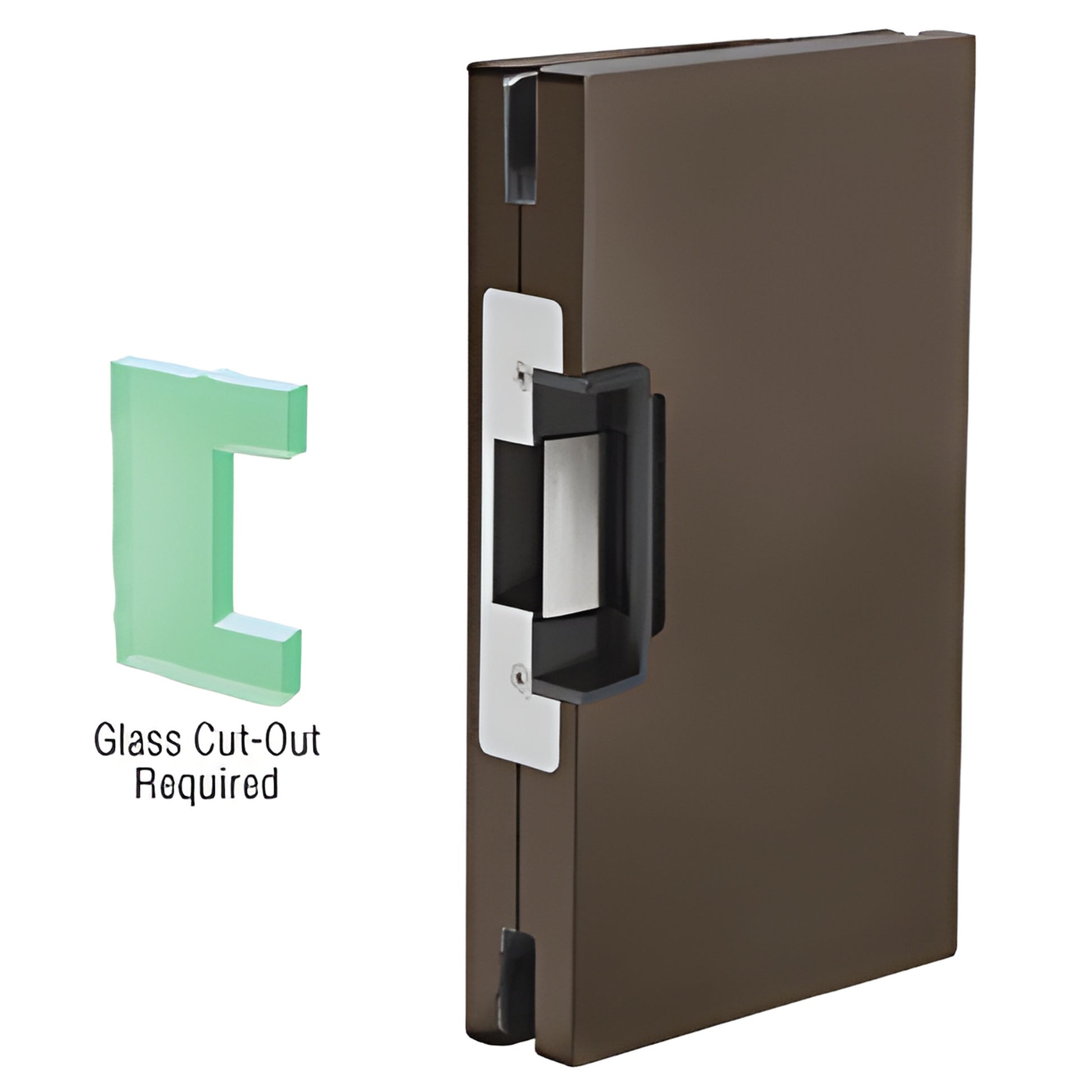 Dark bronze center lock glass keeper with 24V deadlatch electric strike, for 1/2 in. glass, SKU DLER610DU.