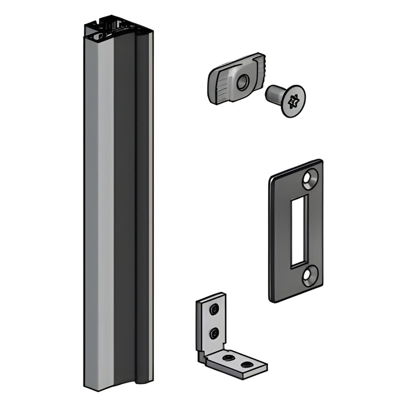 FTG2GDMBL matte-black Fallbrook door frame set: vertical profile, strike plate, corner bracket and fasteners.