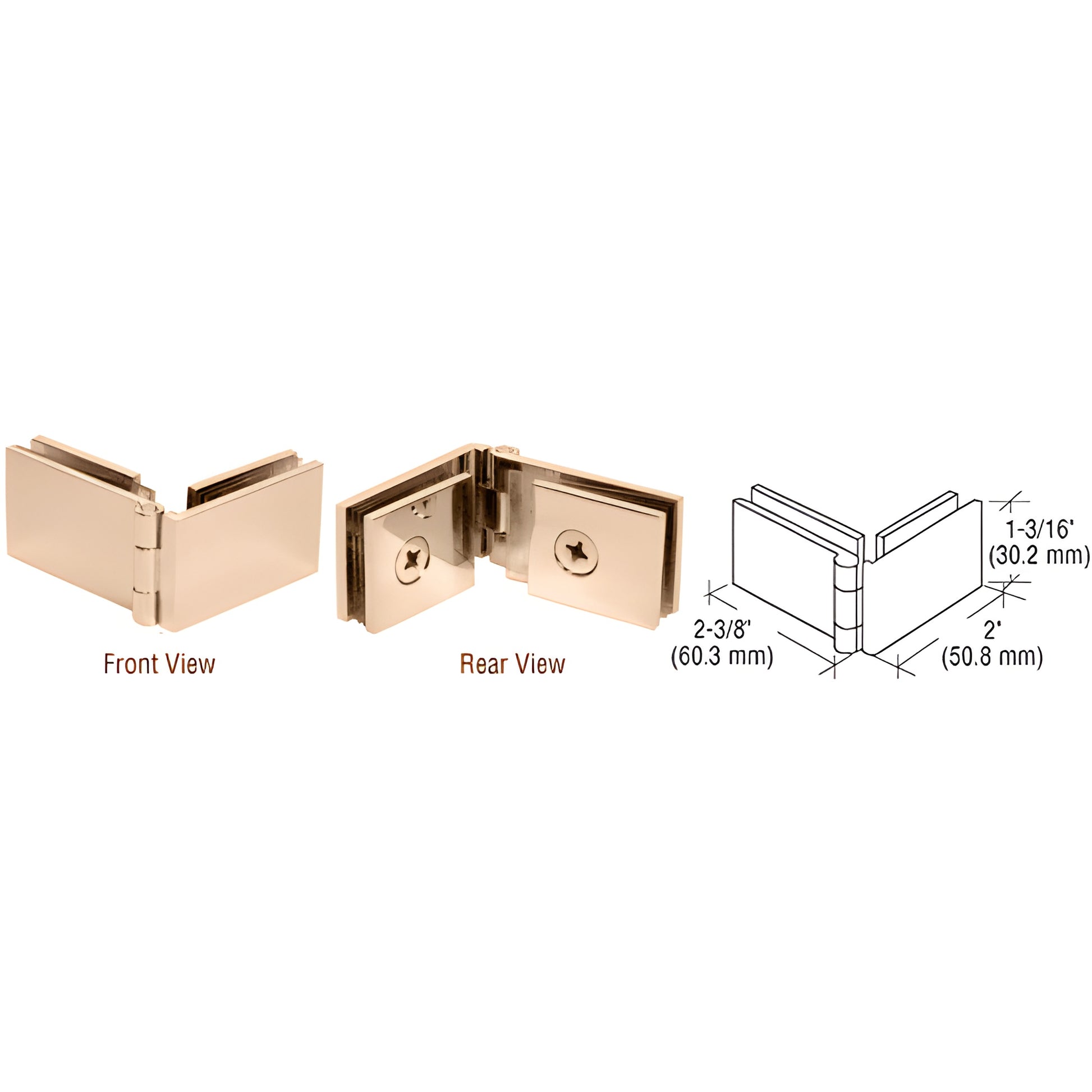 EH138 polished brass 90 glass-to-glass showcase hinge for 1/4" (6mm) glass, 2" 1-3/16" compact hinge.