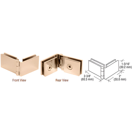 EH138 polished brass 90 glass-to-glass showcase hinge for 1/4" (6mm) glass, 2" 1-3/16" compact hinge.