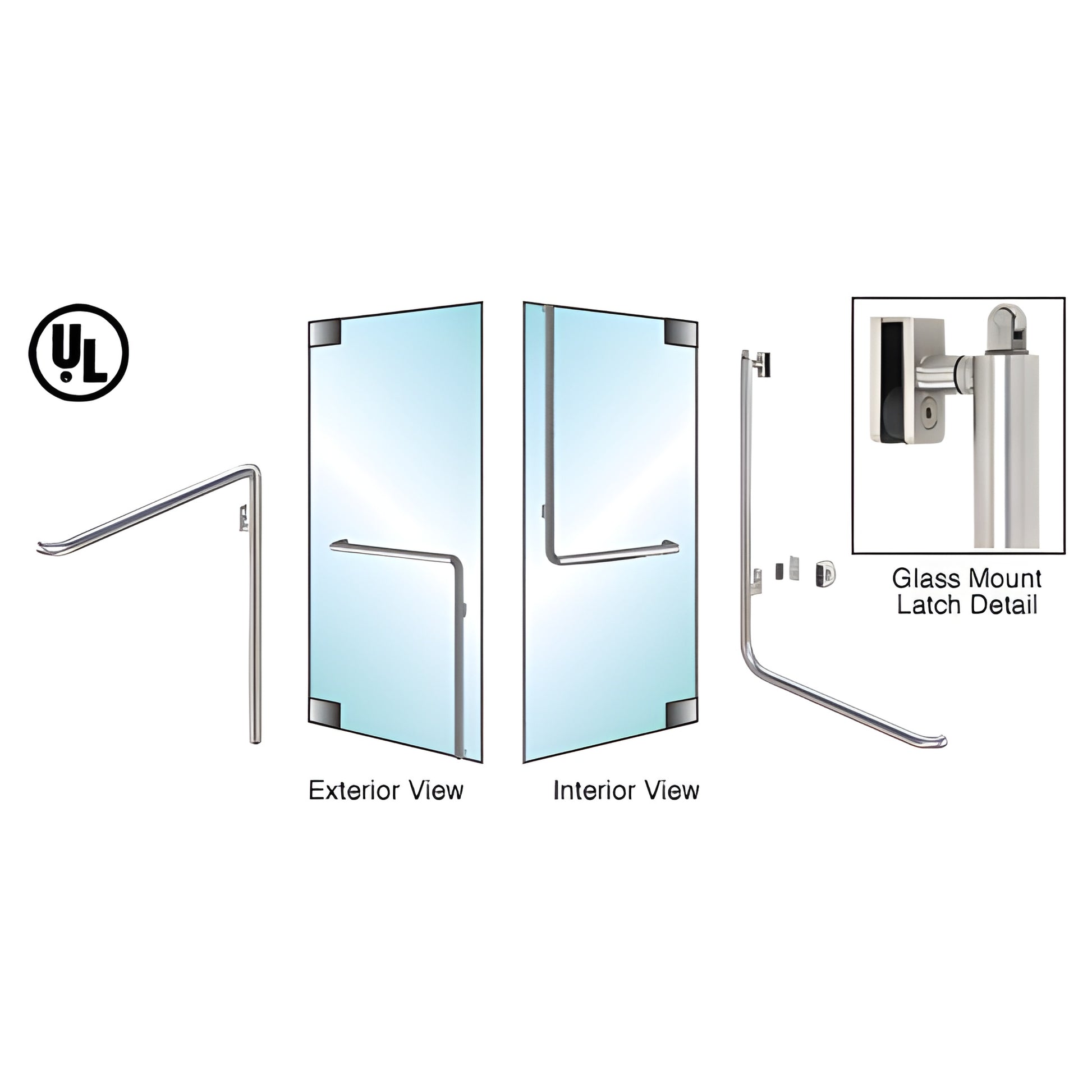 PA100C4GKBS brushed stainless panic handle for all-glass doors, tubular 1-1/4" interior bar, glass-mount latch