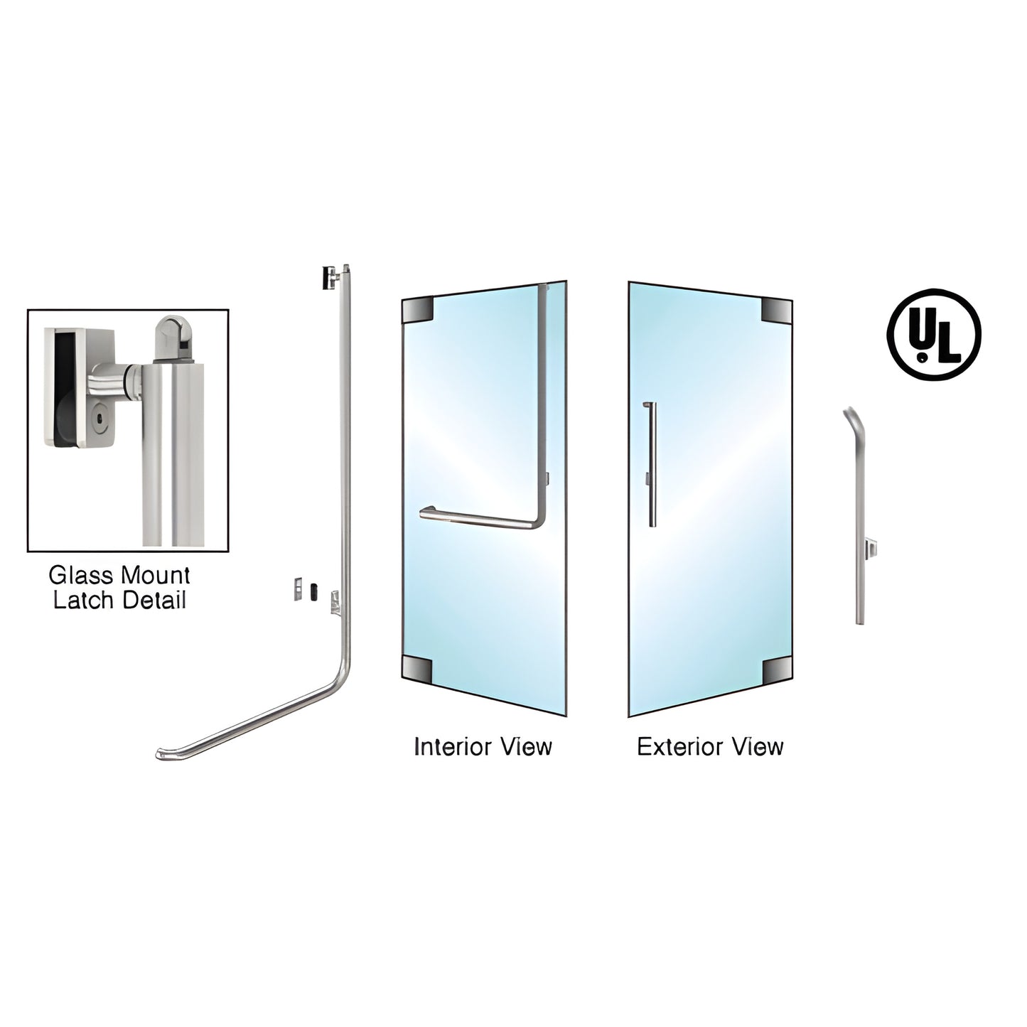 PA100G3GKBS brushed stainless tubular panic handle for all glass doors, interior push bar and exterior pull, 1-1/4 dia.
