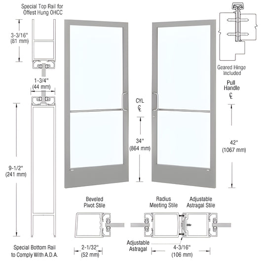 CD22911 CRL narrow-stile commercial entrance door, clear anodized, 2" stiles, 9.5" ADA bottom rail, accepts 1/4" tempered gla