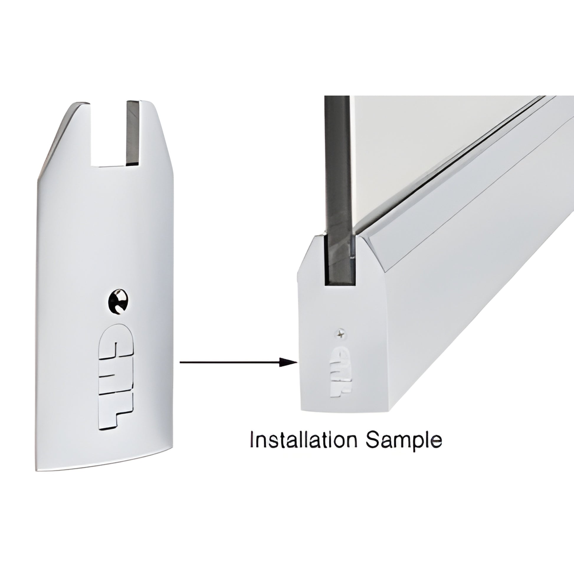 Polished stainless steel tapered 4 in. end cap (SKU SREC4TPS34) next to installed sample on a sidelite rail.