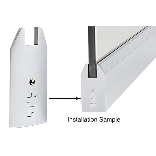 Polished stainless steel tapered 4 in. end cap (SKU SREC4TPS34) next to installed sample on a sidelite rail.