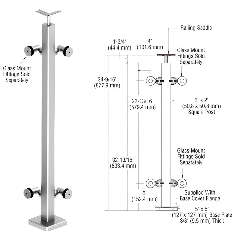 P136LPSC: 36in polished 316 stainless 2in square surface-mounted post with 5x5 base plate and top saddle for glass railing
