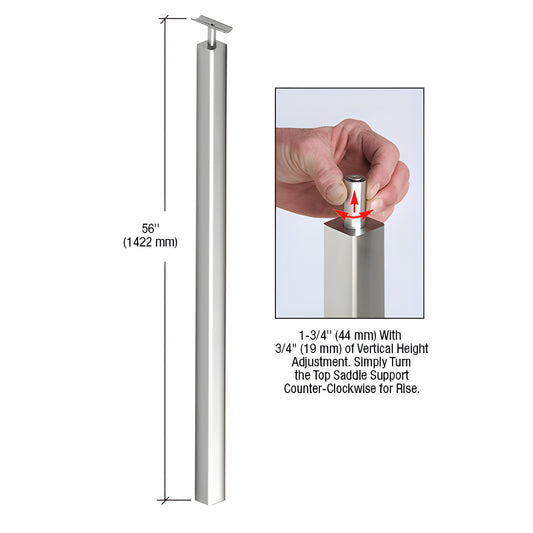 CRL P1 stainless steel 2" square glass railing post, polished finish, 56" tall with adjustable top saddle - SKU P1BPFPS