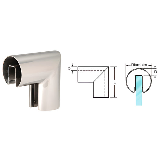 GR30VBS 90 brushed stainless steel vertical cap rail corner, 3 in. diameter, slip-fit for 1/2 or 5/8 in glass (photo + diagr