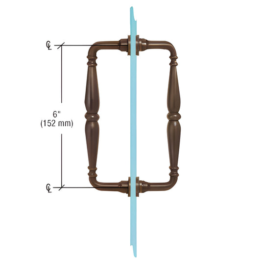 Victorian solid brass shower pull, oil-rubbed bronze, back-to-back glass mount, 6" center - SKU V1C6X60RB