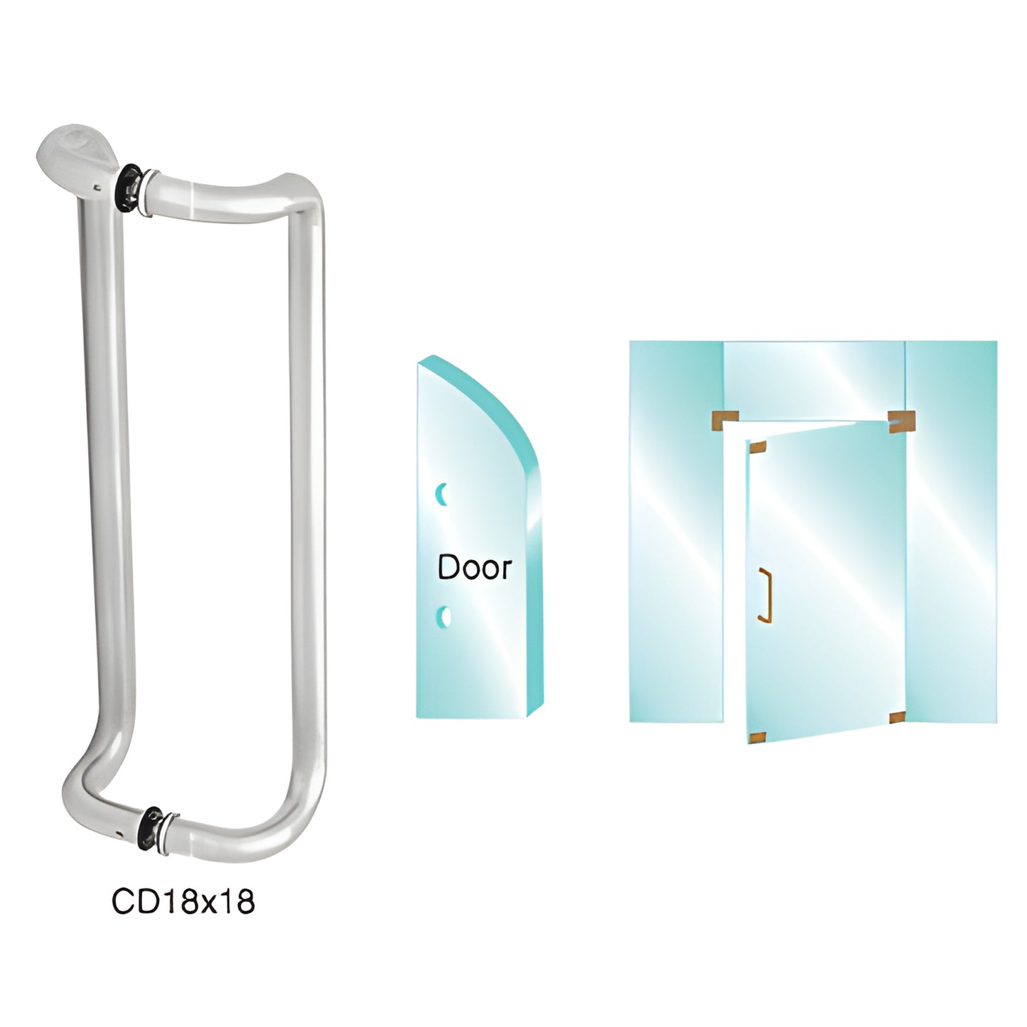 Stainless steel glass door pull handle CD18X18PS - 18in center-to-center, 1in tube, fits 3/8-3/4in tempered glass.