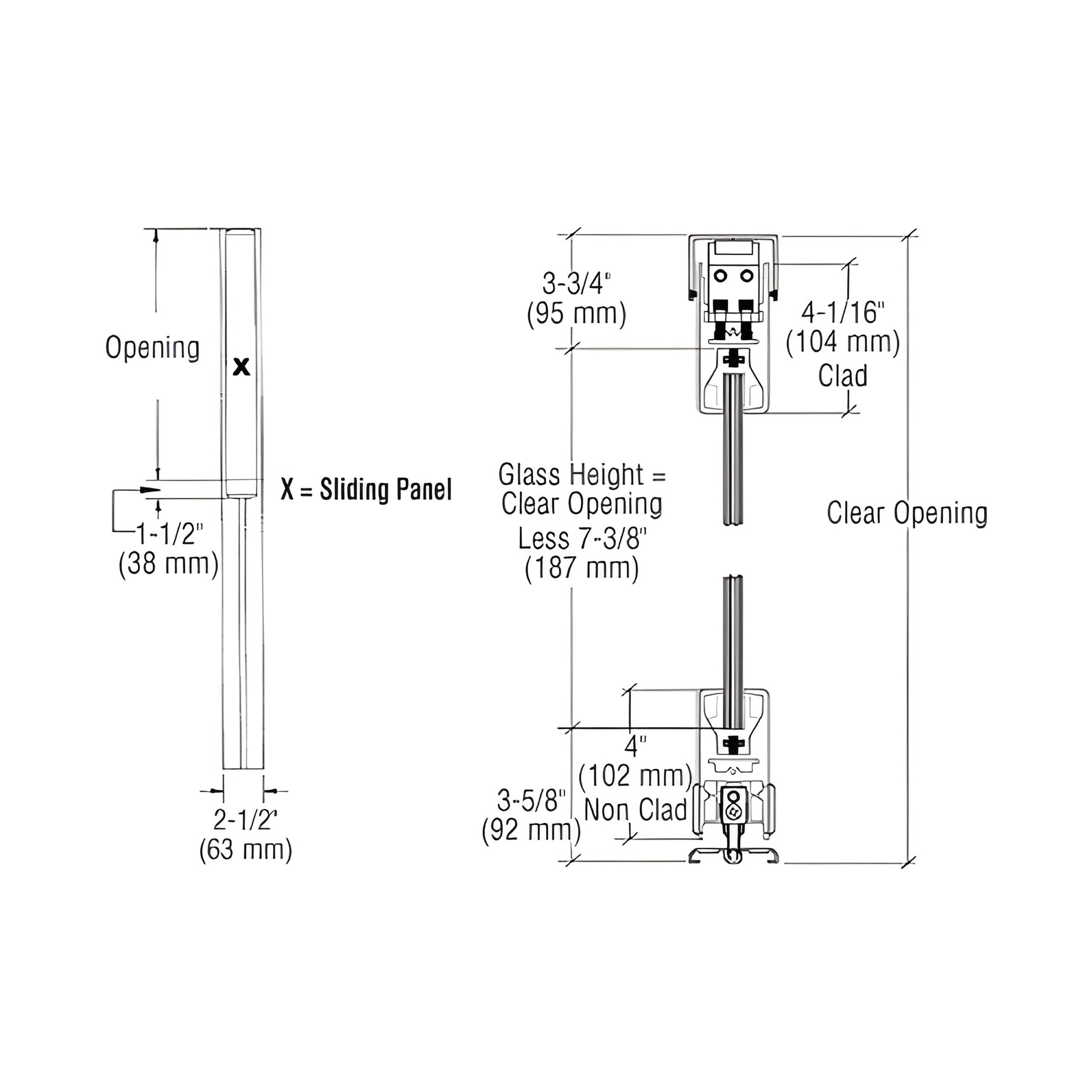 CRL SDR bottom-rolling sliding door system technical drawing - 4" polished stainless steel square rails, dimensional specs.