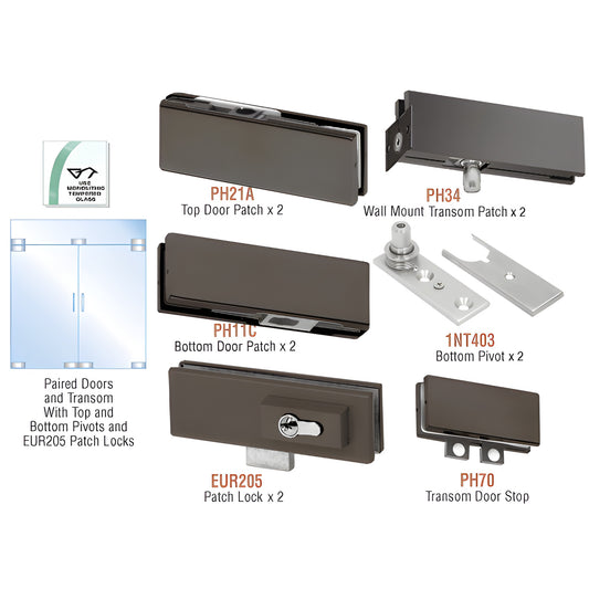CRL PHE6LDU European double glass door patch hardware kit in black bronze: patches, pivots, transom stop, locks