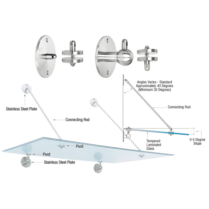 CRL GAS90BS stainless steel glass awning mounting kit - round top/bottom plates with precision pivots for support rods