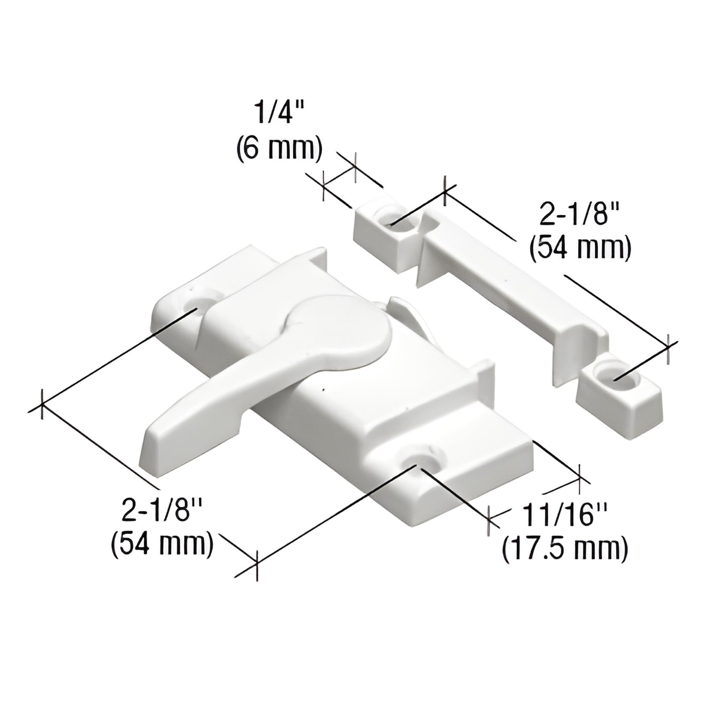 White diecast cam sash lock & keeper SKU F2554, vinyl window latch with 2-1/8" hole spacing and 11/16" backset.