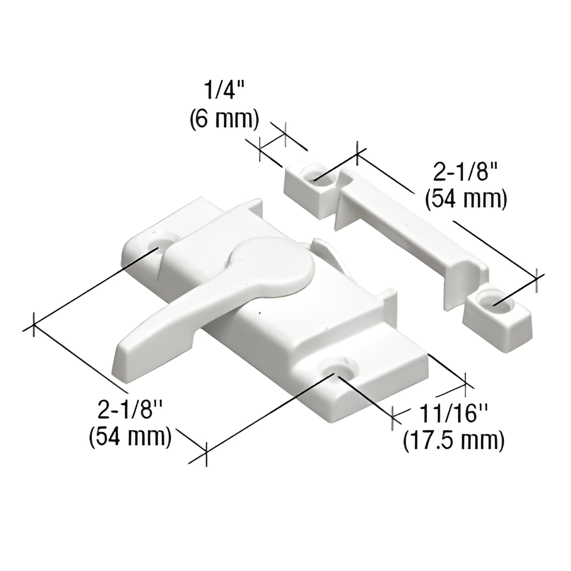 White diecast cam sash lock & keeper SKU F2554, vinyl window latch with 2-1/8" hole spacing and 11/16" backset.