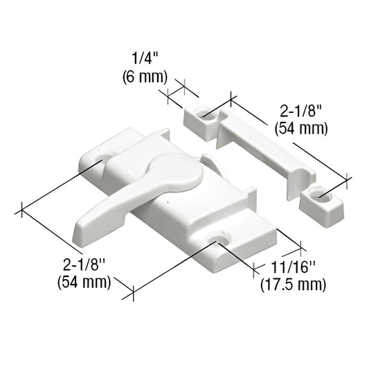 White diecast cam sash lock & keeper SKU F2554, vinyl window latch with 2-1/8" hole spacing and 11/16" backset.
