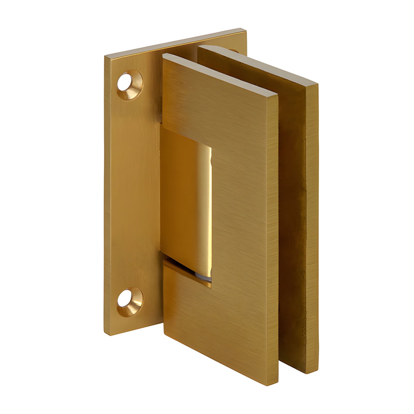 Satin brass Geneva shower hinge (GEN537SB), solid brass wall-mount, self centering, fits 8-12mm glass, 5 pre-set.