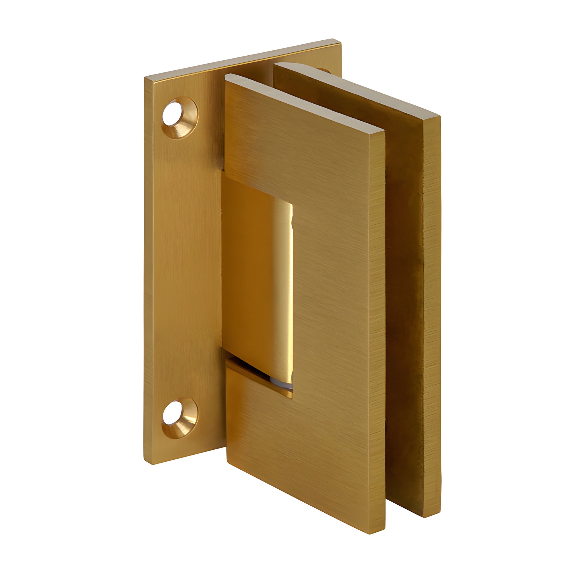 Satin brass Geneva shower hinge (GEN537SB), solid brass wall-mount, self centering, fits 8-12mm glass, 5 pre-set.