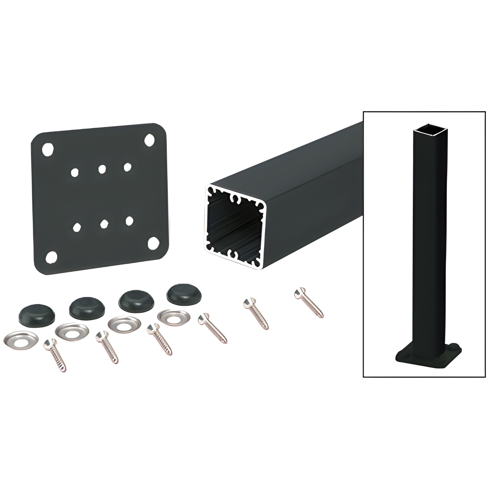 Matte black 2-3/8" square surface mount post kit SKU P36KBL with base plate, gasket and mounting hardware.