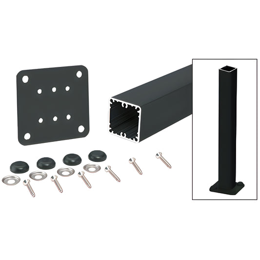 Matte black 2-3/8" square surface mount post kit SKU P36KBL with base plate, gasket and mounting hardware.