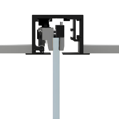 Matte black CRL 695 sliding door track and hanger with top-mounted 3/8-1/2" tempered glass panel, 118" track