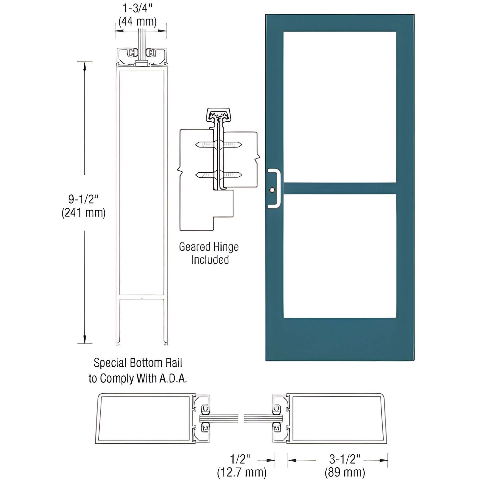CRL medium stile commercial entrance door (SKU CZ41871), teal Kynar finish, 3-1/2" stiles, 9-1/2" ADA bottom rail, 1/4" glass