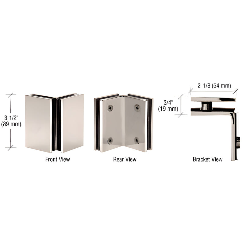 GE090PN polished nickel brass 90 glass-to-glass clamp, 8-12mm glass, front/rear/bracket views with dimensions.