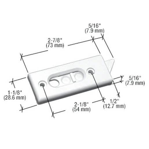 Close-up of CRL White Tilt Window Latch with 2-1/8" screw holes for secure installation.