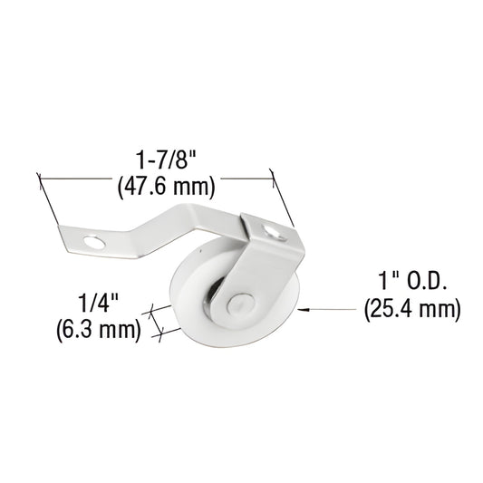B687 - nylon concave screen door roller with metal spring bracket, 1 in OD 1/4 in wide, 1-7/8 in spring.