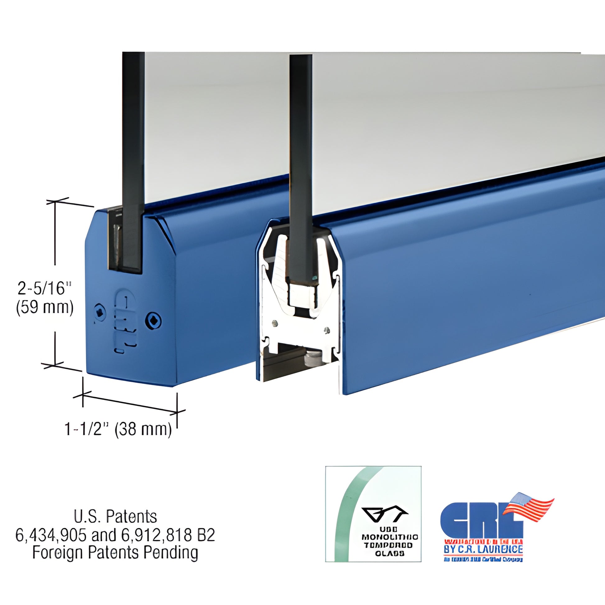 Powder-coated blue low-profile aluminum door rail for 3/8 inch glass, 2-5/16 in H 1-1/2 in W, Wedge-Lock system