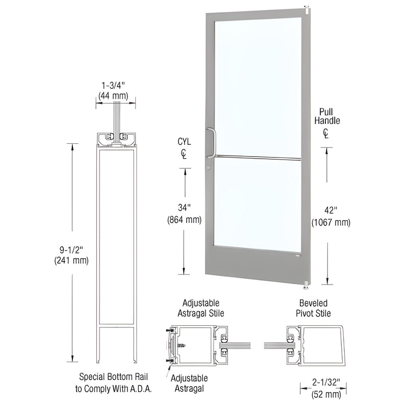 DE22211LA36: clear anodized narrow-stile 36x84" offset-hung entrance door leaf with 9-1/2" ADA bottom rail and glass panel.