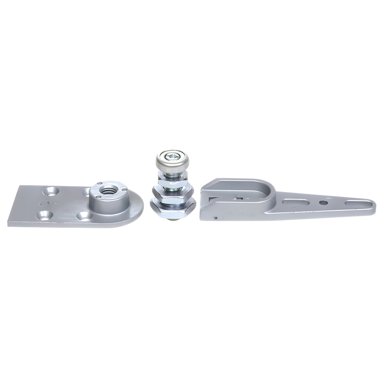 Silver adjustable bottom pivot set for storefront doors with base plate, threaded pivot pin and mounting arm - CRL8010DP