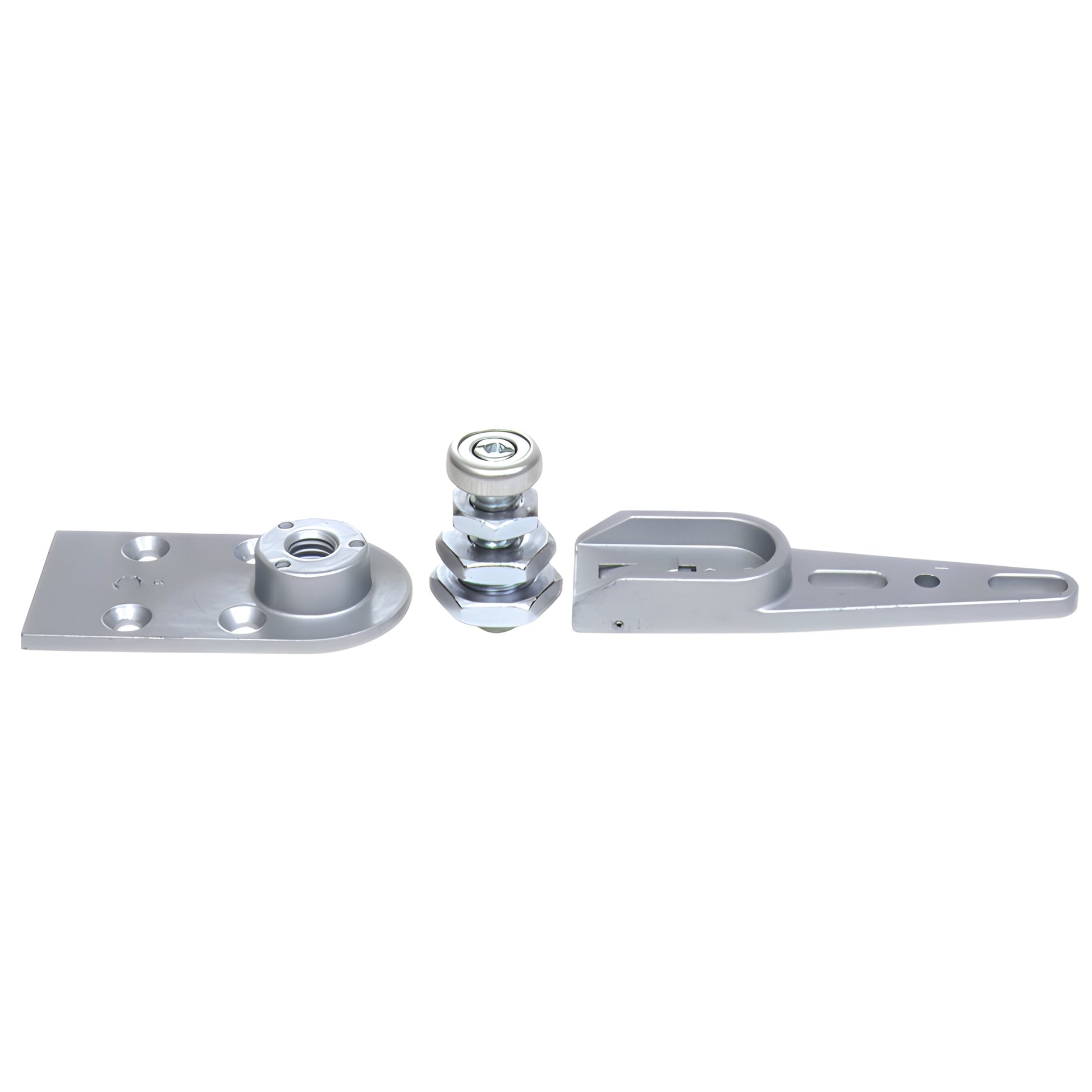 Silver adjustable bottom pivot set for storefront doors with base plate, threaded pivot pin and mounting arm - CRL8010DP