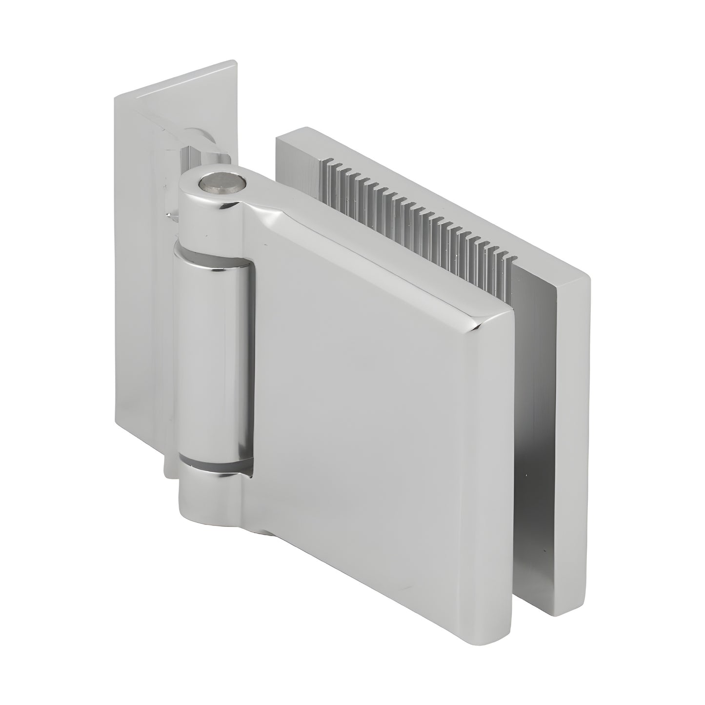 Polished chrome L-plate mini hinge MH1LCH for 1/4 (6mm) tempered glass shower doors, offset back plate