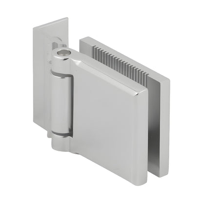 Polished chrome L-plate mini hinge MH1LCH for 1/4 (6mm) tempered glass shower doors, offset back plate