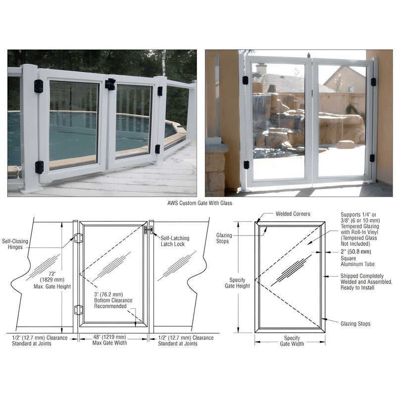 PGAWS1M aluminum mill finish framed glass pool gate with self closing hinges and welded corners