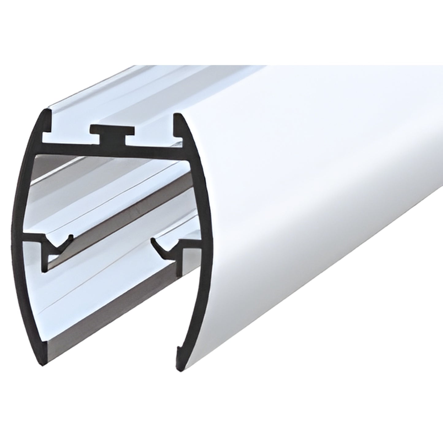 DK61144BA brite anodized aluminum shower door header extrusion, 144" long, cross section showing glazing channel and rubber g